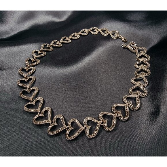 Vintage 1990s Marcasite Sterling Silver 925 Heart Link Necklace - Picture 3 of 6